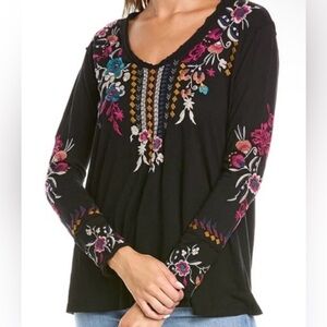 Johnny Was Tinasha Shirt Black/multicolor floral Embroidered Boho Long Sleeve~M~